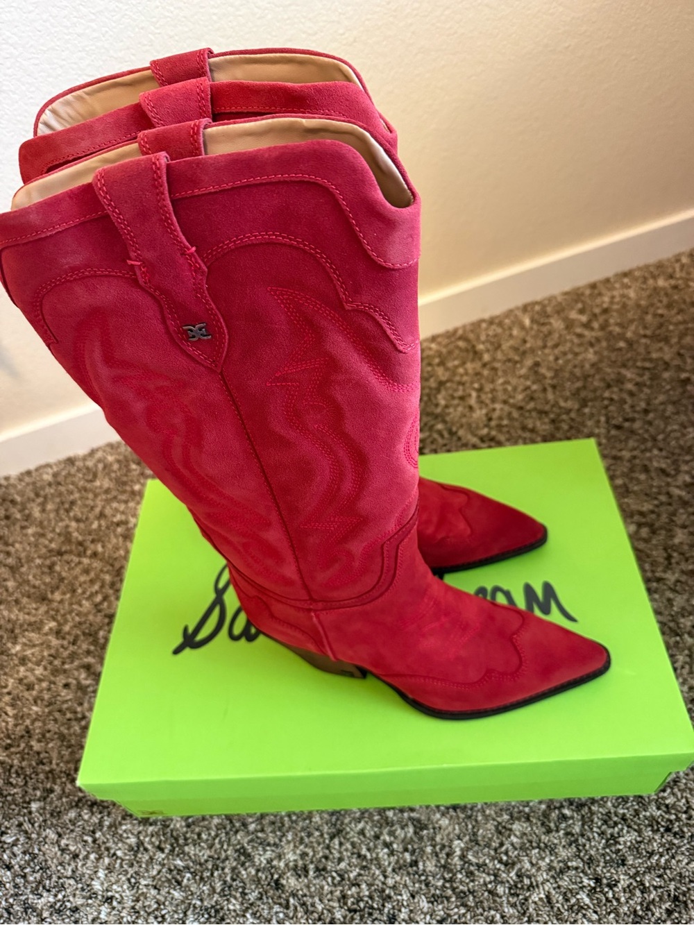 Sam Edelman Red Suede Pointed-Toe Western Knee Boots